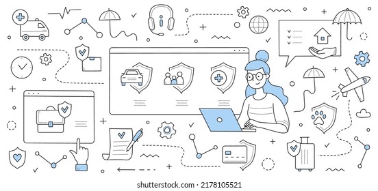 Insurance service doodle concept. Woman with laptop choose safety policy for health, life, property, family or pets protection with outline icons around. Secure assurance Linear vector illustration