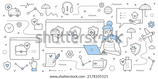 Insurance service doodle concept. Woman with\
laptop choose safety policy for health, life, property, family or\
pets protection with outline icons around. Secure assurance Linear\
vector illustration