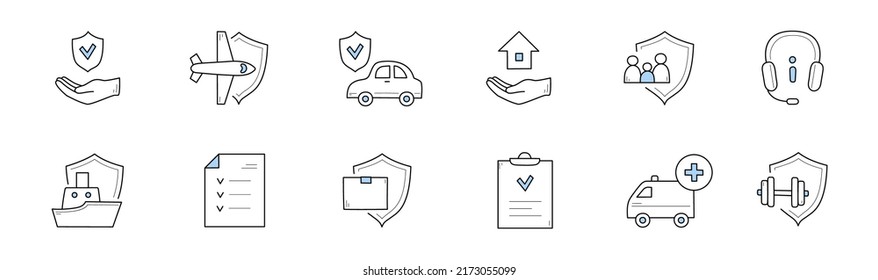 Insurance service doodle icons. Vector signs health, life and property protection. Hand with shield, airplane, car, house and family protection. Operator headset, policy document, ship, ambulance