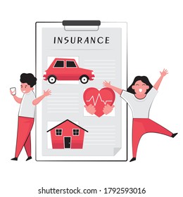 Insurance Service Feature Two People Stand Next To A Chart Of Car, House And Heart