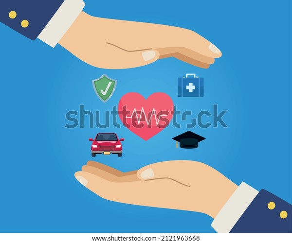 insurance service\
with hands protecting\
icons