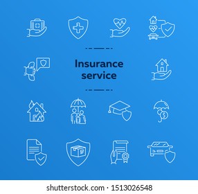 Insurance service line icon set. Shield, guard, guarantee. Safety concept. Can be used for topics like protection, property, accident