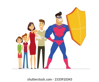 Insurance service metaphor flat design style vector illustration. Couple with children and man in hero costume cartoon characters. Families support program. Superhero protecting people with shield