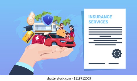 insurance service protection concept hand car life home medical financial policy contract cartoon on blue background flat vector illustration