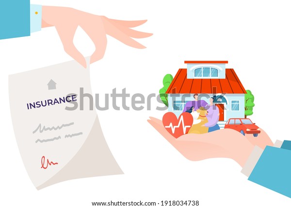 Insurance service, security policy, business\
protection concept, design cartoon style vector illustration,\
isolated on white. Insurance agent, security automobile, home and\
family, security\
guarantee.