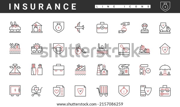 Insurance service thin red and black line icons\
set vector illustration. Abstract safety shield to protect and help\
family health, life and property and money from injury, accidents\
and disasters