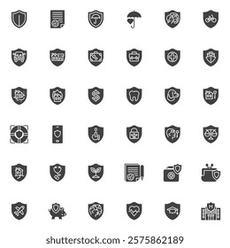 Insurance service vector icons set, modern solid symbol collection, filled style pictogram pack. Signs, logo illustration. Set includes icons as Claim Form, Shield, Umbrella, Travel coverage, Flood