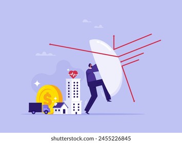 Insurance services concept with businessman holding shield to protect from red arrow attacking, symbol of protection, care, finance support