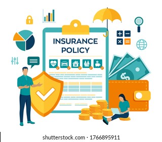 Insurance Services Concept. Car, travel, family and life, real estate, health insurance. Colourful flat style vector illustration with characters and icons.