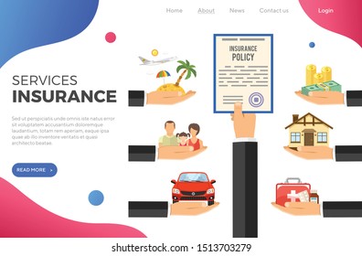 Insurance Services Concept with Flat Icons Car, Medical, Travel, Family and insurance policy in Hand. landing page template. Isolated vector illustration