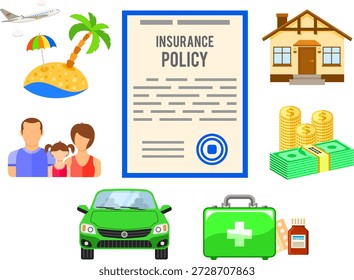 Versicherungsdienstleistungen Konzept Versicherungsdienstleistungen Konzept mit flachen Icons für Poster, Website, Werbung wie Haus, Auto, Medizin, Reisen.