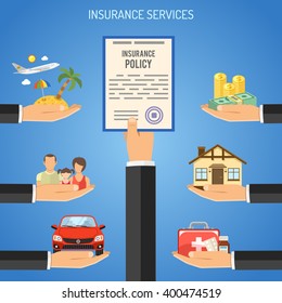 Insurance Services Concept with Flat Icons for Poster, Web Site, Advertising like House, car, life, travel. Vector illustration