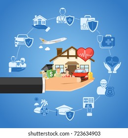 Insurance Services Concept with Flat Icons House, Car, Medical, Travel and Family insurance in Hand. Vector illustration
