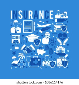 Insurance Services Concept with Flat style icons House, Car, Medical, Family and Business Insurance. Isolated vector illustration