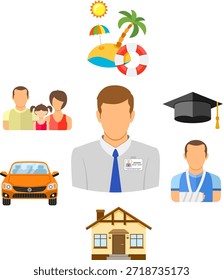 Insurance Services Concept Insurance Services Concept in Flat style icons such as House, Car, Medical, Family, educations and Business. isolated vector illustration