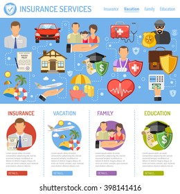 Insurance Services Concept in Flat style icons such as House, Car, Medical, Family and Business. Vector for Web Site, Advertising.