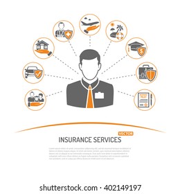 Insurance services concept in flat style icons such as house, car, medical, family and business for Poster, Web Site and Advertising. isolated vector illustration