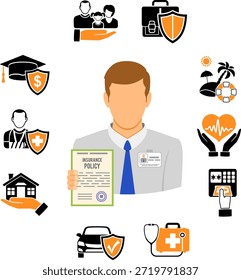 Insurance Services Concept Insurance Services Concept in Flat two color style icons such as policy, House, Car, Medical, Family and insurance agent, isolated vector illustration