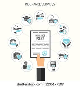 Insurance Services Concept with hand hold insurance policy and flat icons House, Education, Money and Family. Isolated vector illustration