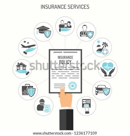 Insurance Services Concept with hand hold insurance policy and flat icons House, Education, Money and Family. Isolated vector illustration