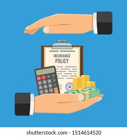 Insurance Services Concept hand holds Insurance Policy, money, calculator and hand protects them. isolated vector illustration