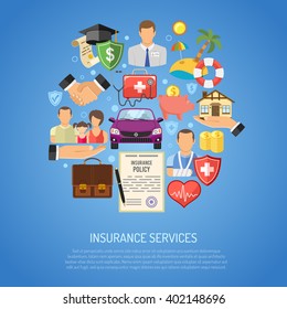 Insurance Services Concept Set Icons For Poster, Web Site, Advertising Like House Icon, Car Insurance Icon, Medical Insurance Icon, Family Insurance Icon.