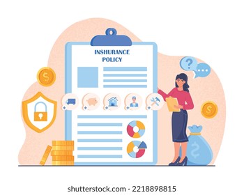 Insurance services concept. Young girl next to document, woman evaluates statistics. Poster or banner for website. Safety and care for health and property, protection. Cartoon flat vector illustration