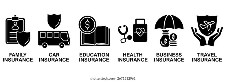Concepto de Ilustración vectorial de conjunto de iconos de servicios de seguros con icono de familia, automóvil, educación, salud, negocios y seguro de viaje