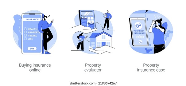 Insurance services isolated cartoon vector illustrations set. Buy travel insurance online, professional evaluator does real estate assessment, claiming property insurance coverage vector cartoon.