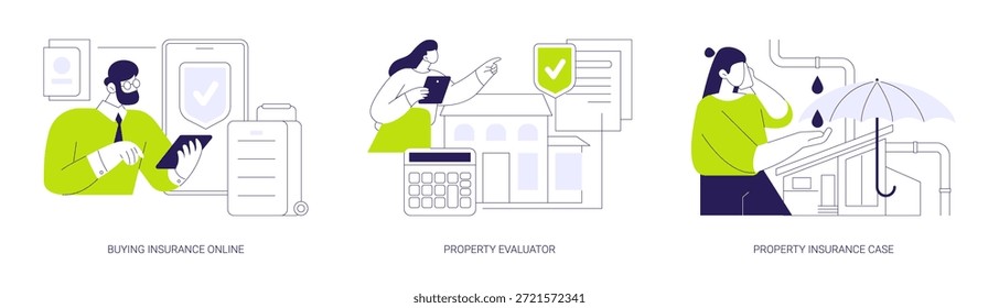 Servicios de seguros aislados Ilustraciones vectoriales de dibujos animados conjunto. Comprar seguro de viaje en línea, evaluador profesional hace la evaluación de bienes raíces, reclamando la cobertura de seguro de propiedad de dibujos animados de Vector.