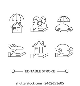 Insurance services linear icons set. Life and property insurance. Risk management. Family protection. Customizable thin line symbols. Isolated vector outline illustrations. Editable stroke