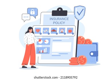 Insurance services with policy form. Security and protection of property, car, life and health from damage. Travel, medical and real estate insurance. Flat vector illustration with character and icons