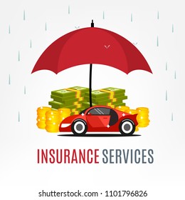 Insurance services. Rain, umbrella, red car, coins, dollars. Vector illustration.