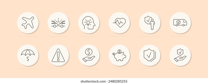 Insurance services set icon. Airplane, car crash, brain, heartbeat, person, truck, umbrella, warning, money, piggy bank, hand, shield. Vector line icon on peach background.