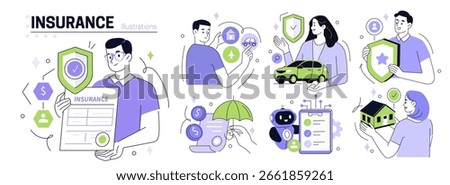
Insurance set. Characters use various insurance services to buy full coverage policy for building, vehicle, travel. Insured persons or business concept. Vector illustration.