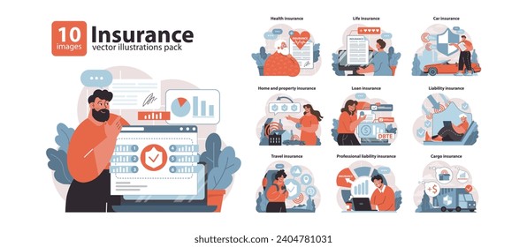 Insurance set. Comprehensive coverage options for life, health, home, and travel. Safeguarding assets against uncertainties. Essential financial planning tools demonstrated. Flat vector illustration.