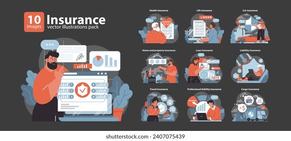 Insurance set. Comprehensive coverage options for life, health, home, and travel. Safeguarding assets against uncertainties. Essential financial planning tools demonstrated. Flat vector illustration.