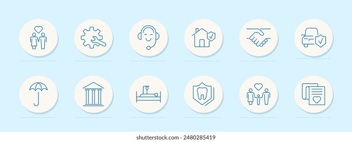 Icono de conjunto de seguros. Avión, accidente de coche, corazón, escudo, ambulancia, paraguas, advertencia, mano, alcancía, casa, familia. Protección, asistencia sanitaria, concepto de seguridad financiera. Iconos de línea de Vector