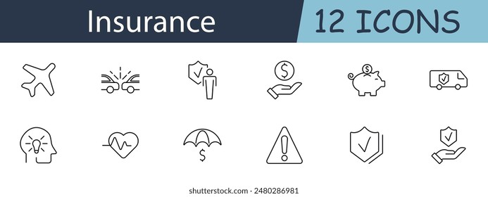 Insurance set icon. Airplane, car crash, person, hand with money, piggy bank, van, heart, warning, shield, umbrella. Various insurance types, protection services, risk management concept.