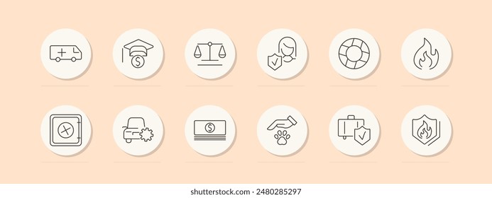 Insurance set icon. Ambulance, graduation cap, scales, doctor, life buoy, fire, safe, car, money, pet, luggage, shield. Protection, policy concept. Vector line icon on peach background.