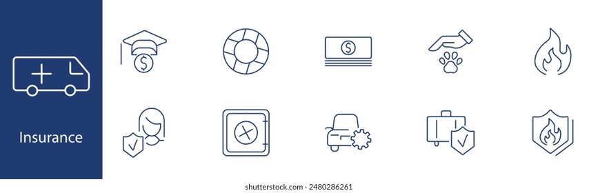 Insurance set icon. Ambulance, graduation cap, money stack, paw, fire, shield, woman, safe, car crash, travel suitcase. Protection, policy, safety concept.