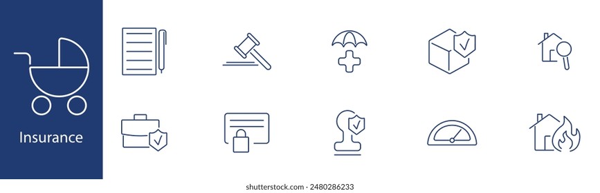 Insurance set icon. Contract, gavel, health, package, house, umbrella, document, shield. Security, protection, policy concept.