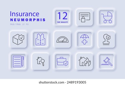 Insurance set icon. Document, security, baby stroller, house, contract, life vest, medical, property, fire, magnifier, lawsuit, protection.