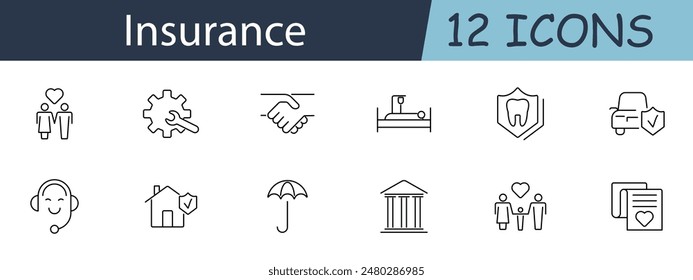 Icono de conjunto de seguros. Familia, equipo, apretón de manos, cama de hospital, escudo dental, coche, auriculares, casa, paraguas, edificio. Concepto de seguro integral, salud, propiedad y protección de vida.