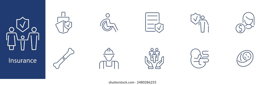 Icono de conjunto de seguros. Familia, silla de ruedas, contrato, hueso, trabajador de la construcción, grupo, bebé, dinero. Protección, cobertura, concepto de política.