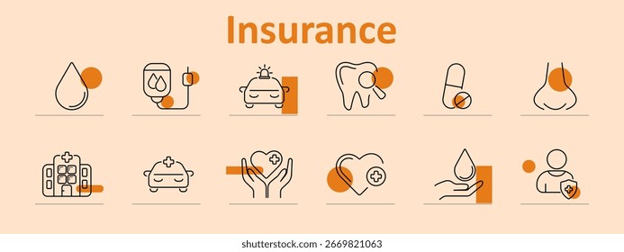 Icono de conjunto de seguros. Incluye gota, bolsa IV, ambulancia, diente, píldora, nariz, hospital, coche, mano, corazón, palma gota, persona asegurada