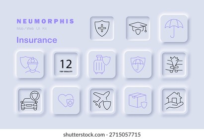 Insurance set icon. Includes shield, umbrella, house, car, airplane, heart, pet, student, travel, luggage, disaster, box in protective policy visuals