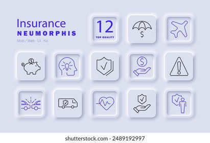 Insurance set icon. Piggy bank, idea, protection, financial support, alert, health, ambulance, heart, accident, travel, money, care.