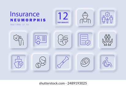 Insurance set icon. Policy, coverage, life, family, health, medical, disability, protection, beneficiary, premium, claim, secure, financial, document, safety, plan, identity, security, risk, safeguard