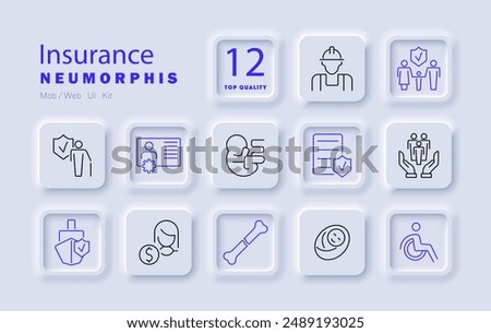 Insurance set icon. Policy, coverage, life, family, health, medical, disability, protection, beneficiary, premium, claim, secure, financial, document, safety, plan, identity, security, risk, safeguard